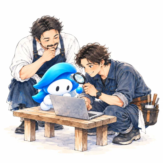 Web屋が虫めがねでノートパソコンを点検し、店の主人がのぞき込んでいる