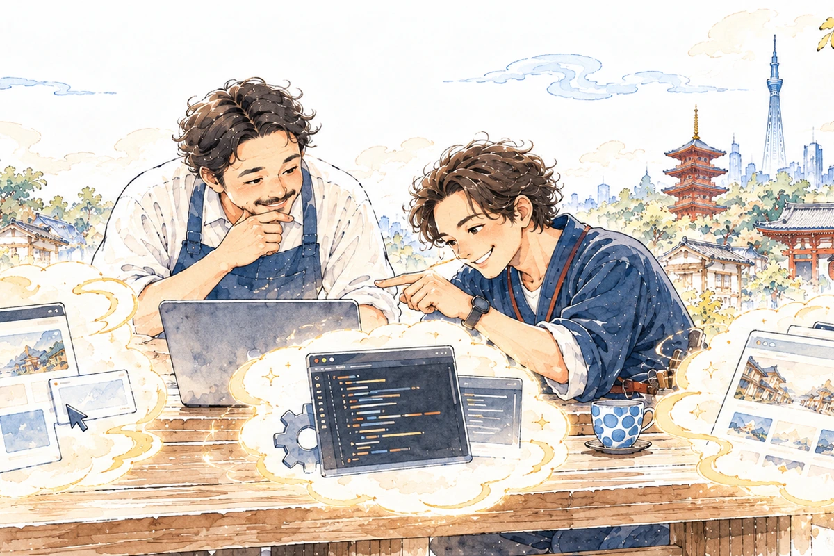 3つの道具を前に、どれでホームページを作るかを考えている