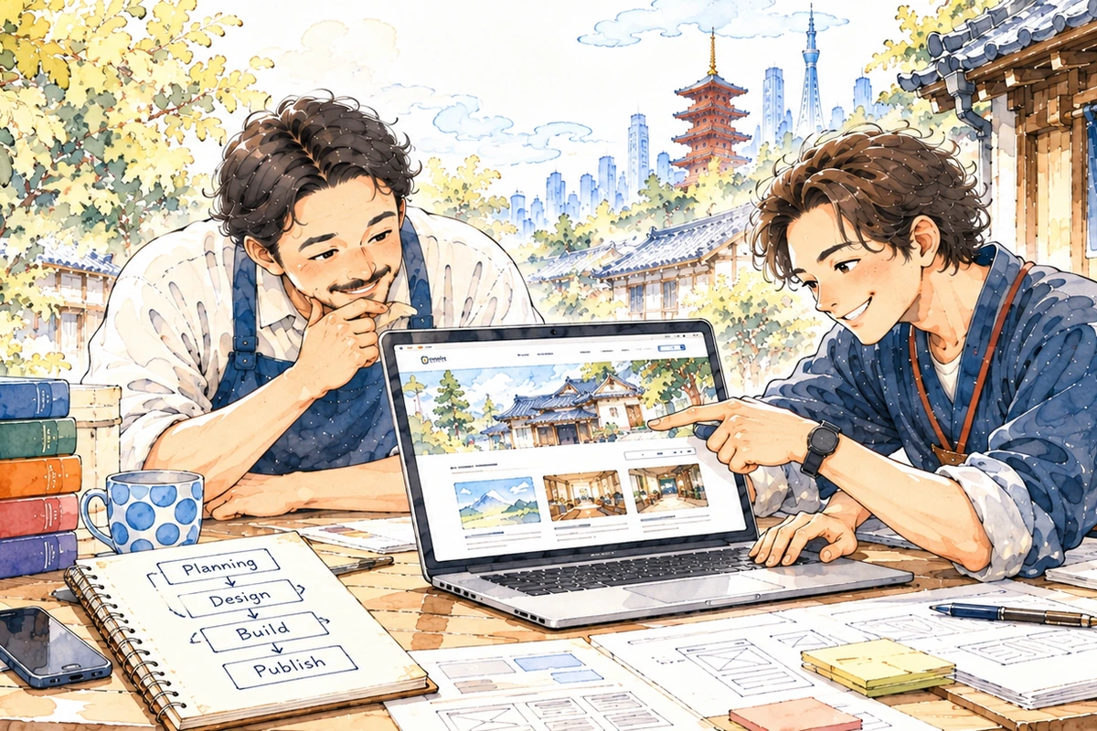 ドメインの札と、サーバーの建物を、一本の道がつないでいる