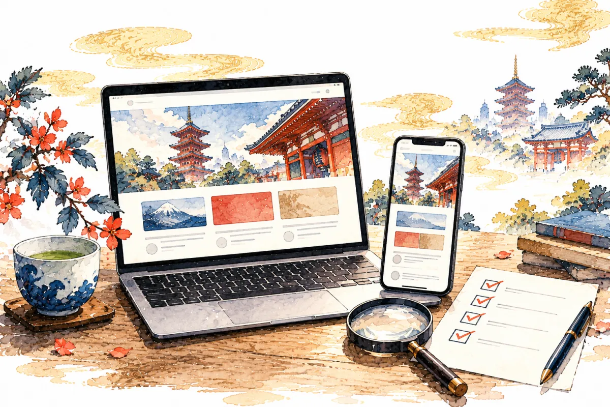 パソコンとスマートフォンで、同じホームページの表示を見比べている