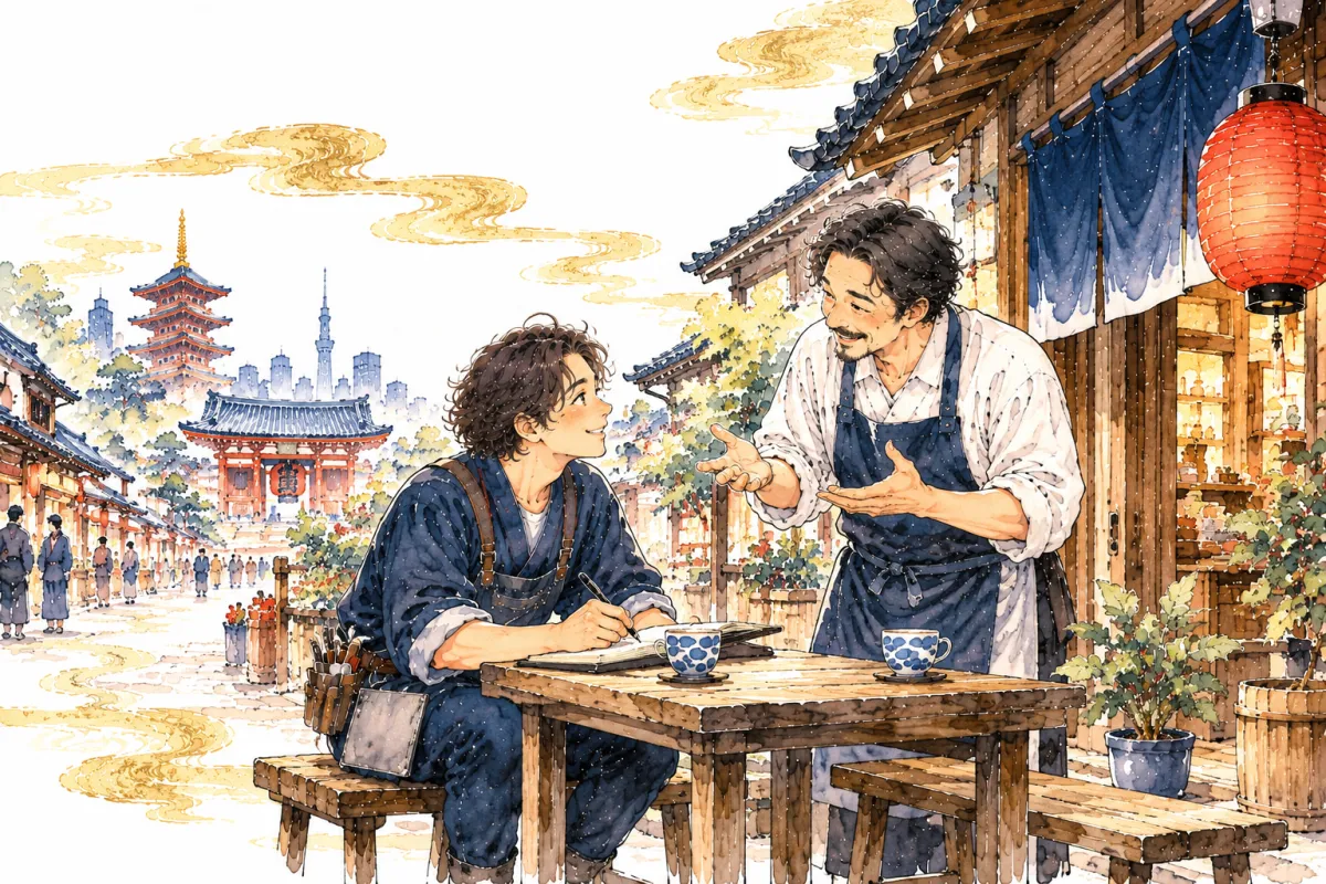 Web屋が、店の主人の話を聞きながらノートにメモを取っている
