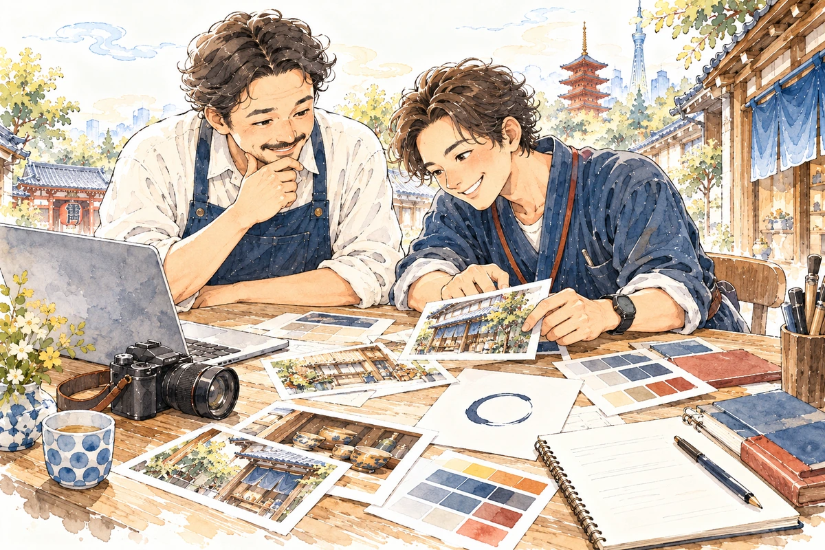 机の上に、写真、ロゴ、原稿のメモなどの素材が並んでいる